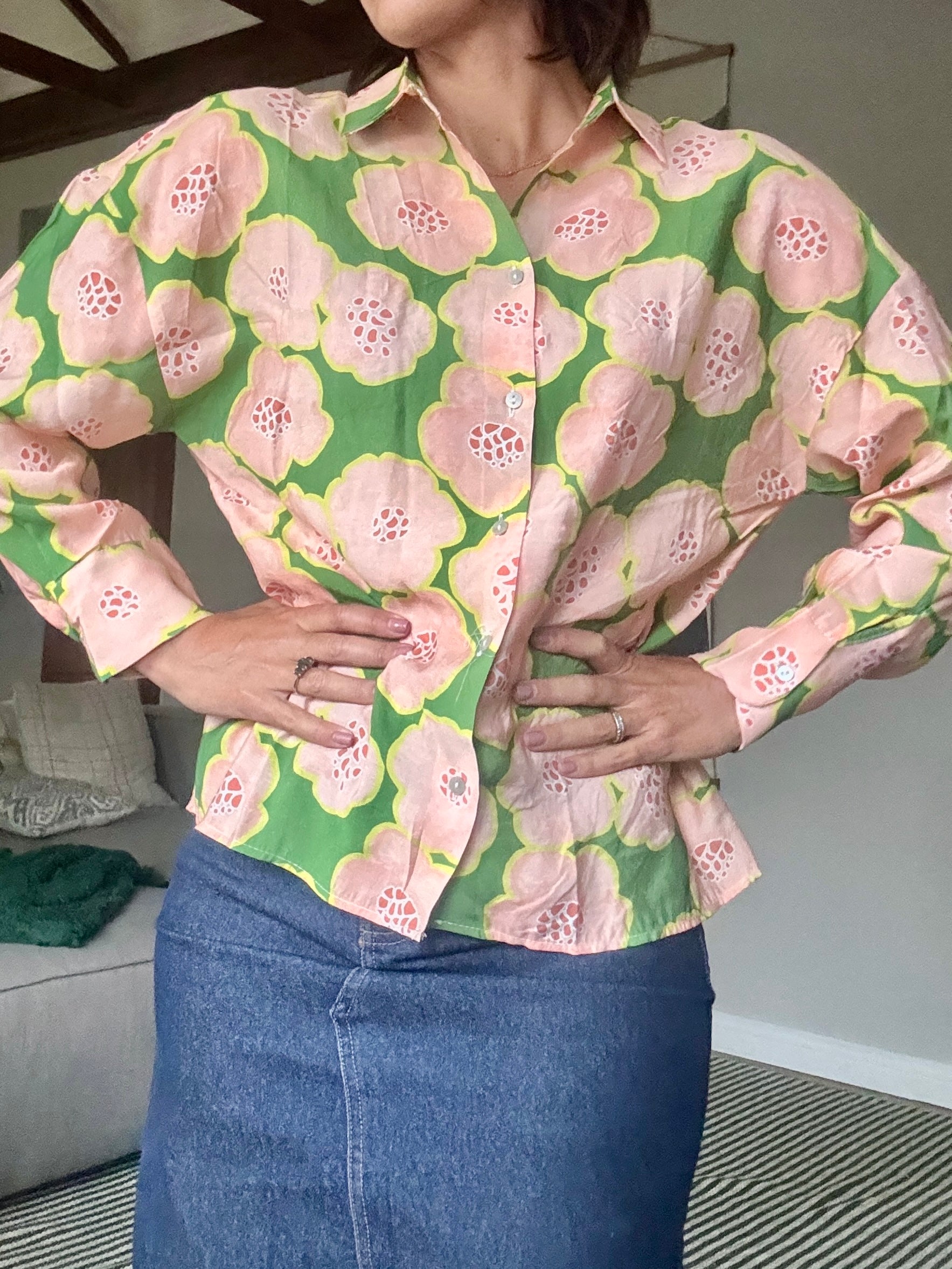 Green Shirt with Coral Flowers