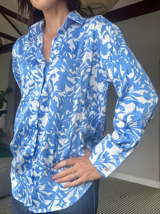 Blue and White Floral Shirt