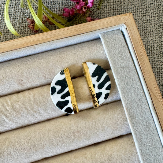 Leopard Halfmoon Studs - White, Black and Gold