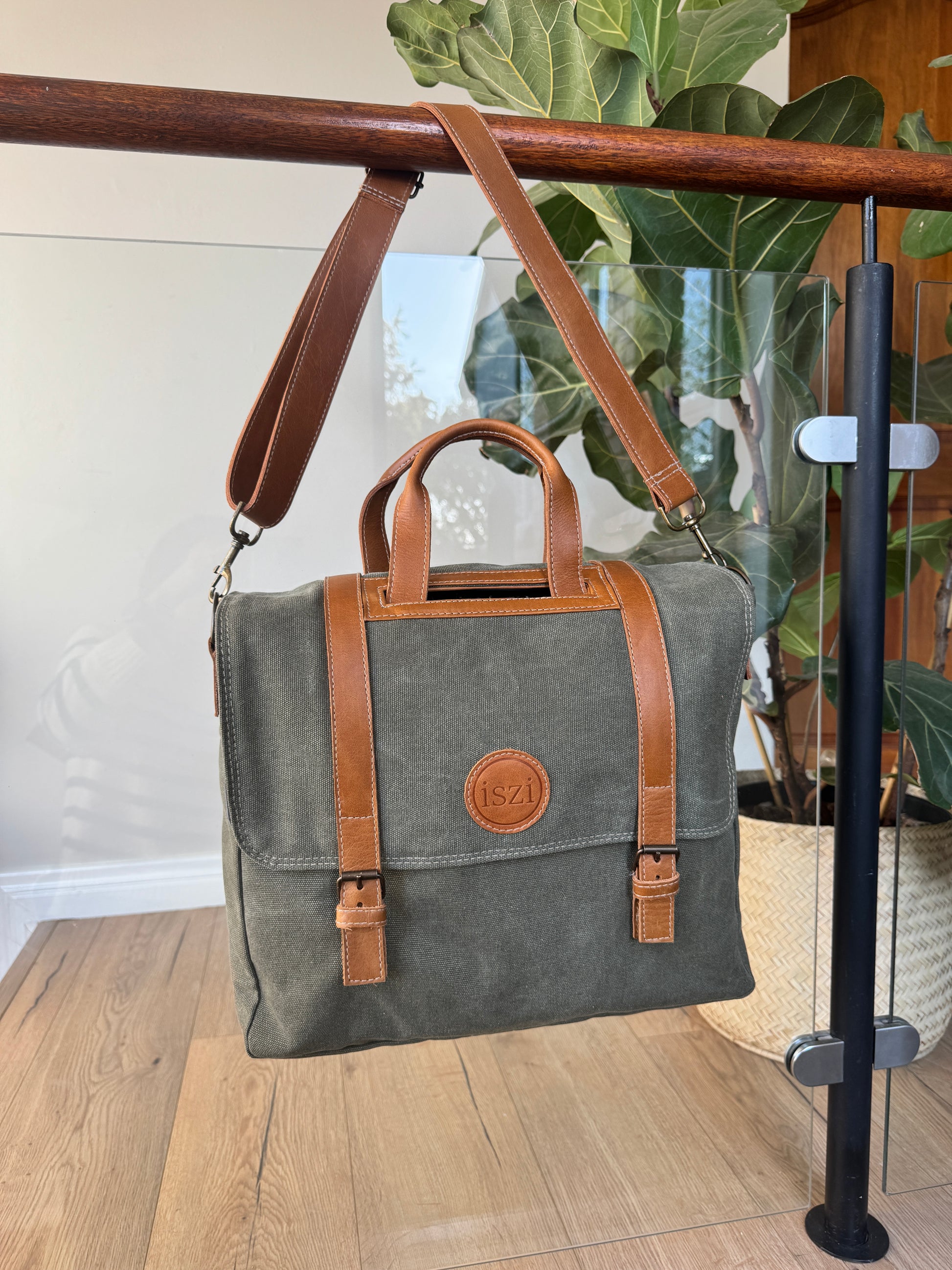 Canvas And Leather Laptop Bag in Graphite - iszi ONLINE