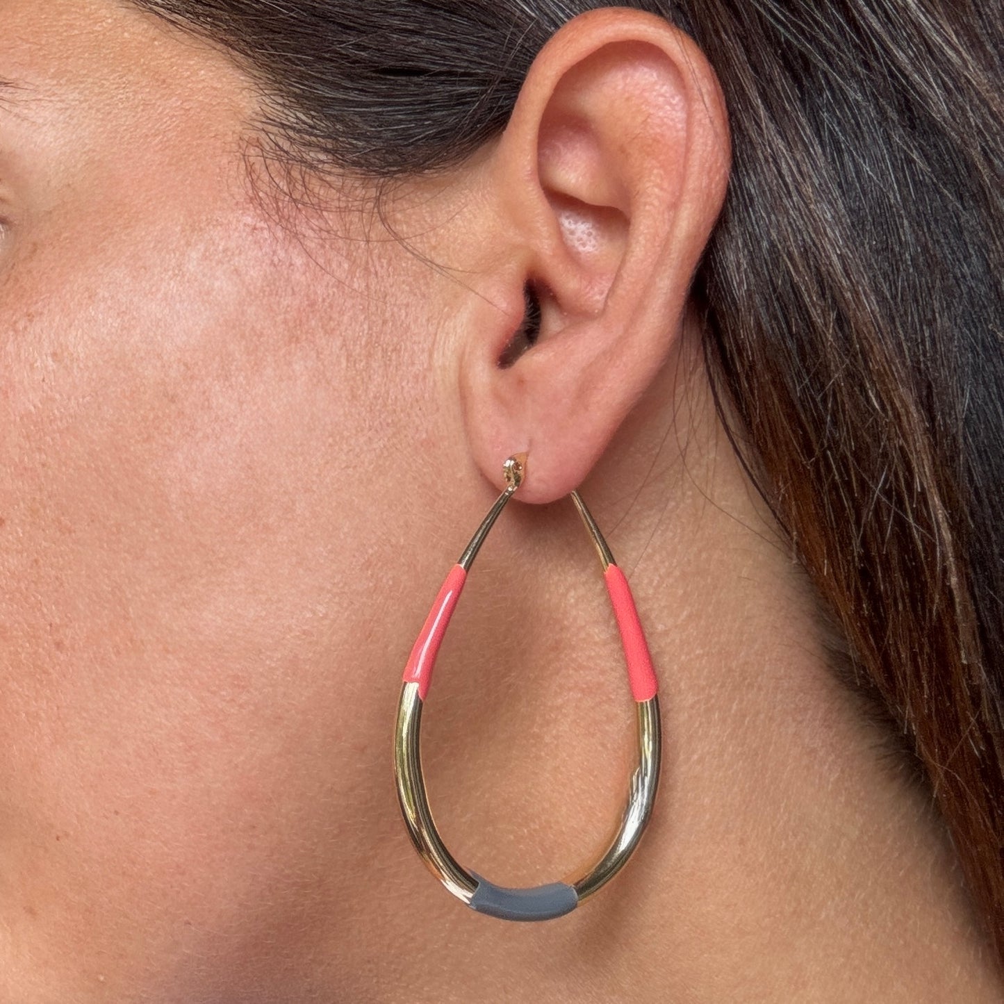 Grey, Coral and Gold Hoop Earrings