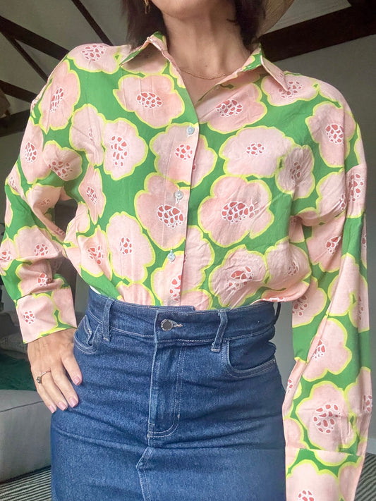 Green Shirt with Coral Flowers