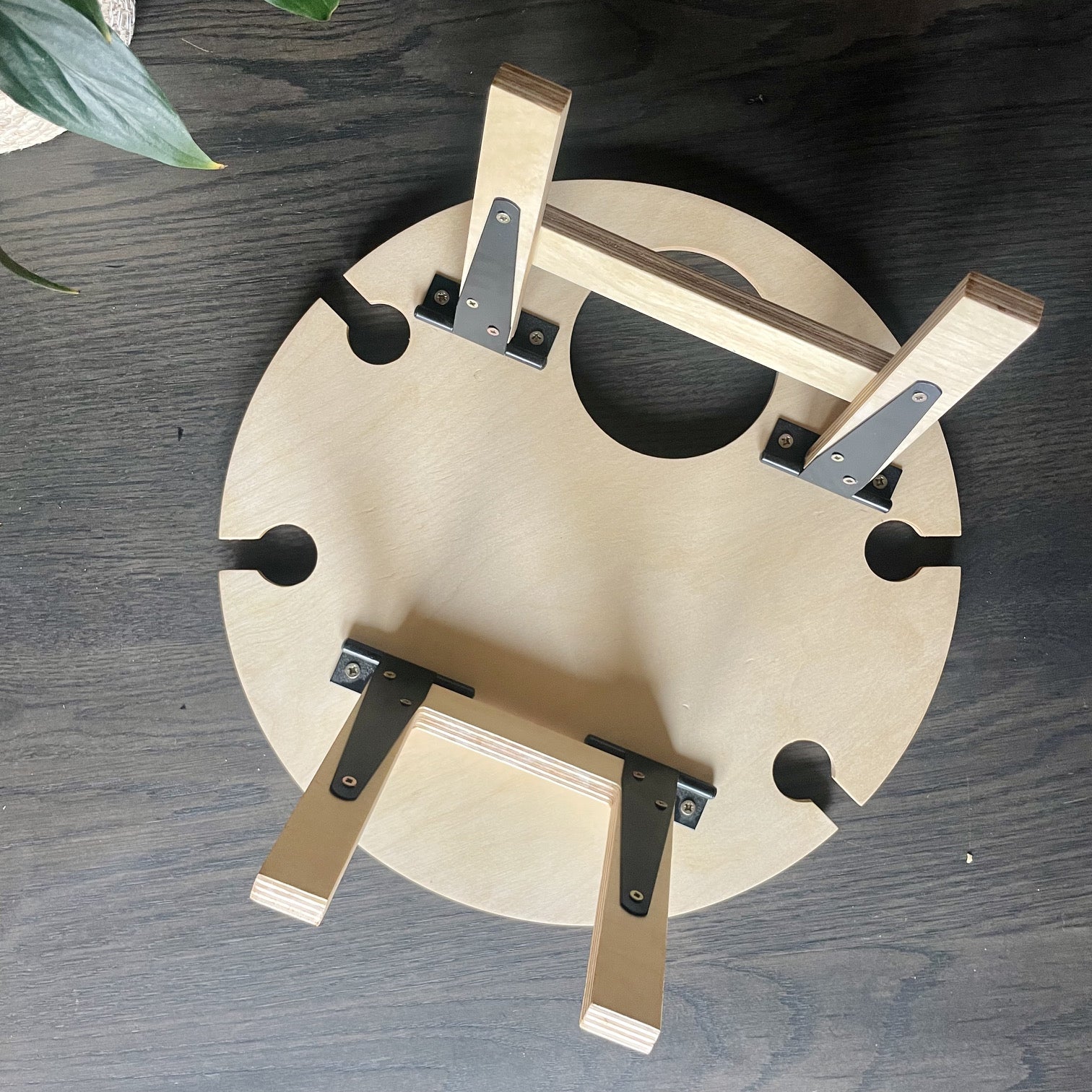 Bottom view of picnic table with foldable legs