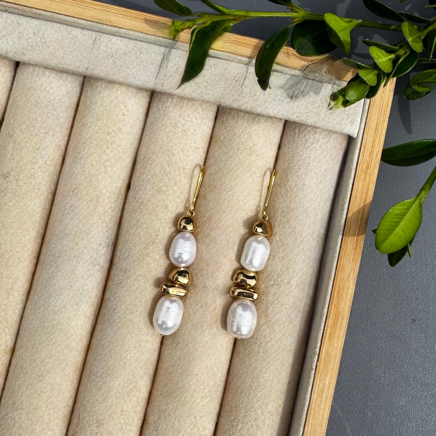 Pearl and Gold Pebble Earrings