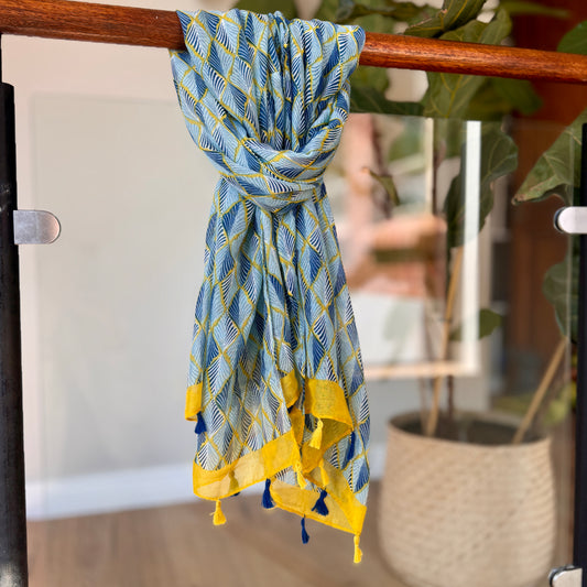Turquoise Blue and Yellow Leaf Scarf
