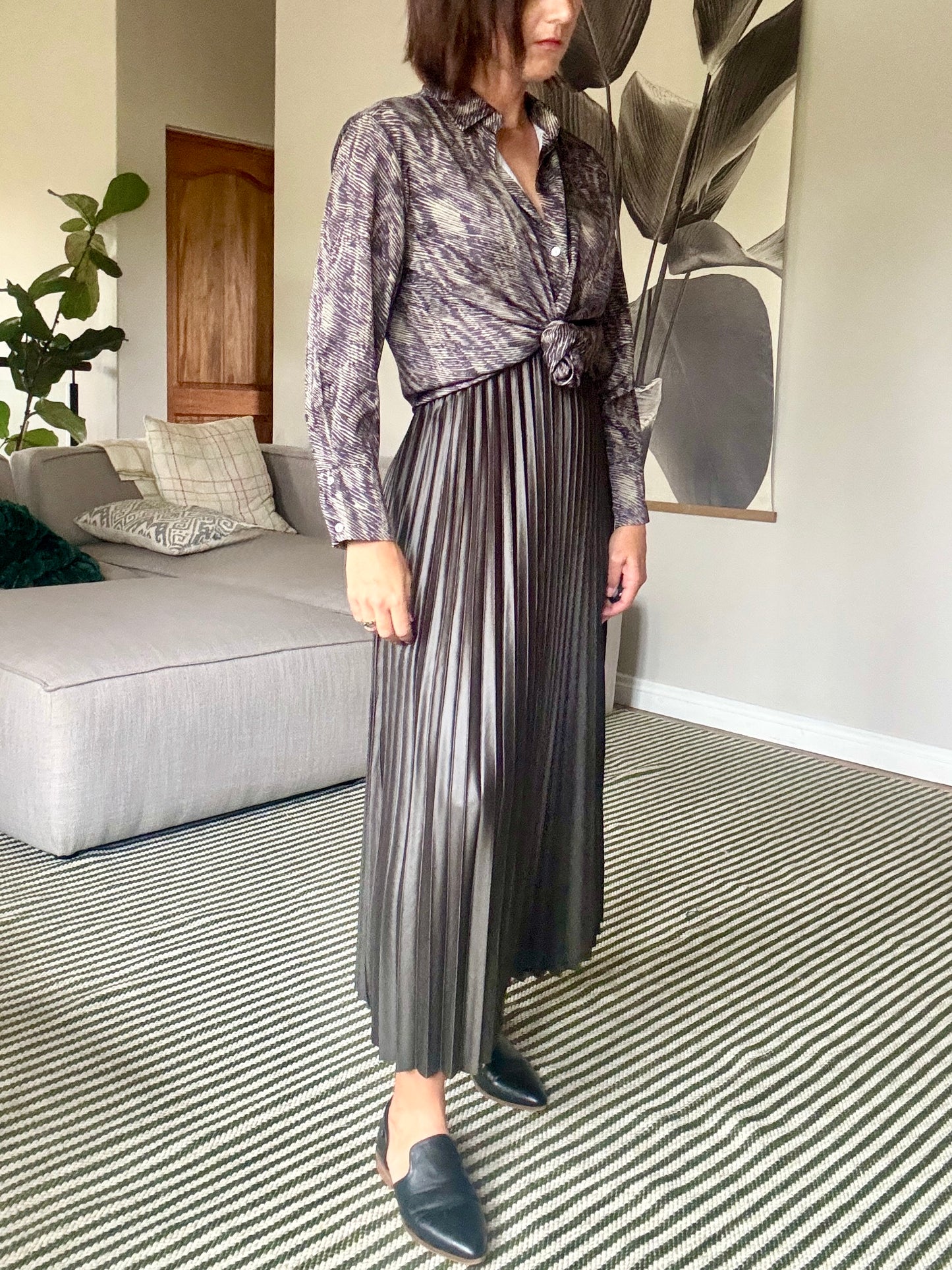 Olive Green Pleated Pleather Skirt