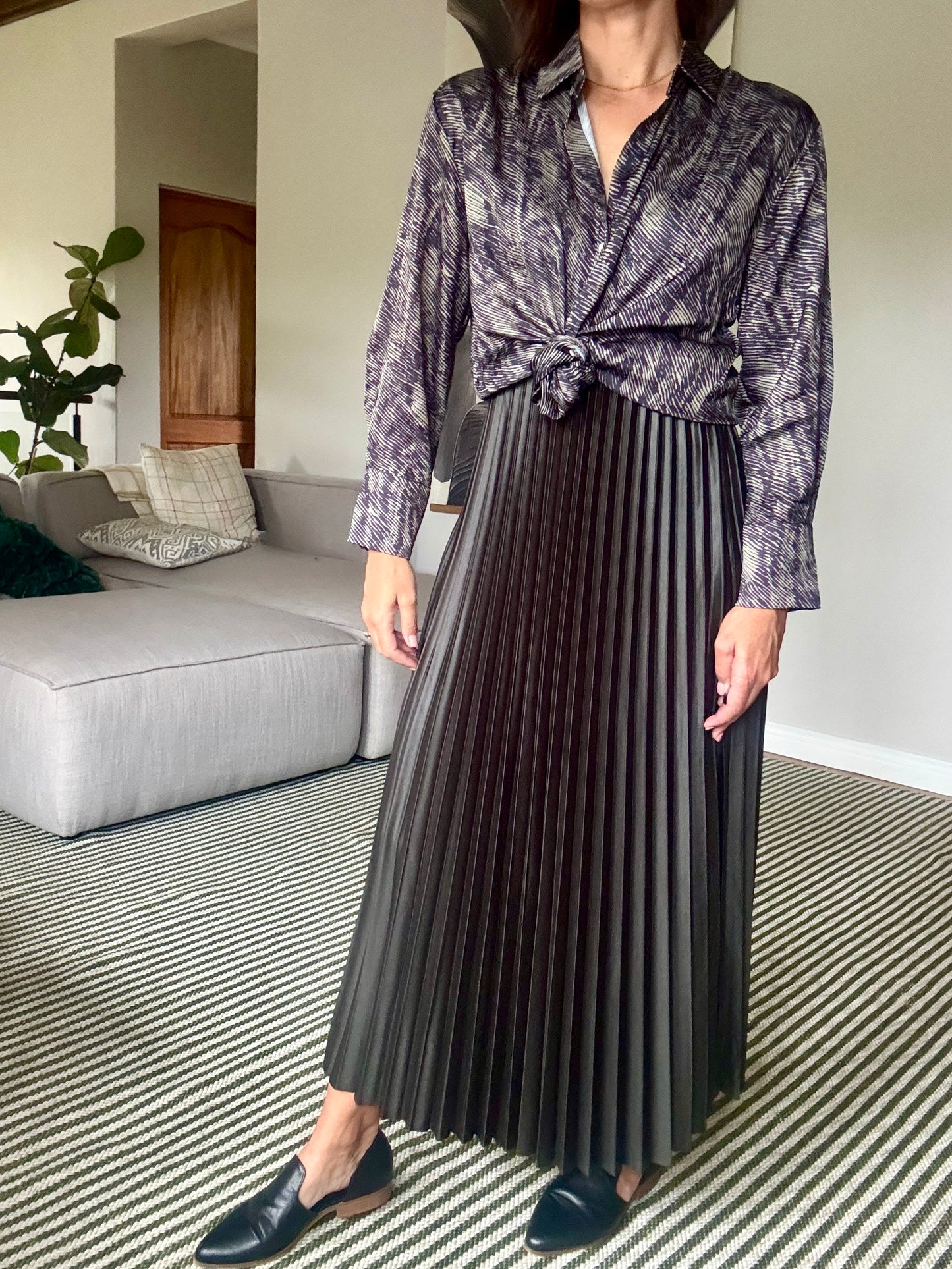 Olive Green Pleated Pleather Skirt