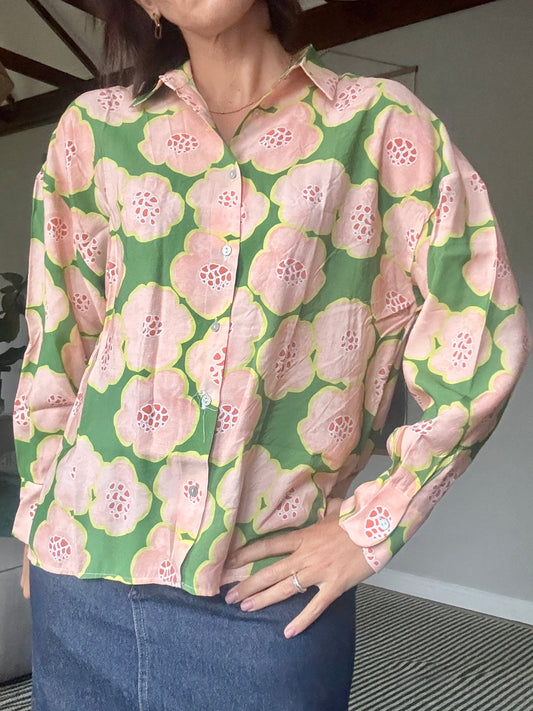 Green Shirt with Coral Flowers