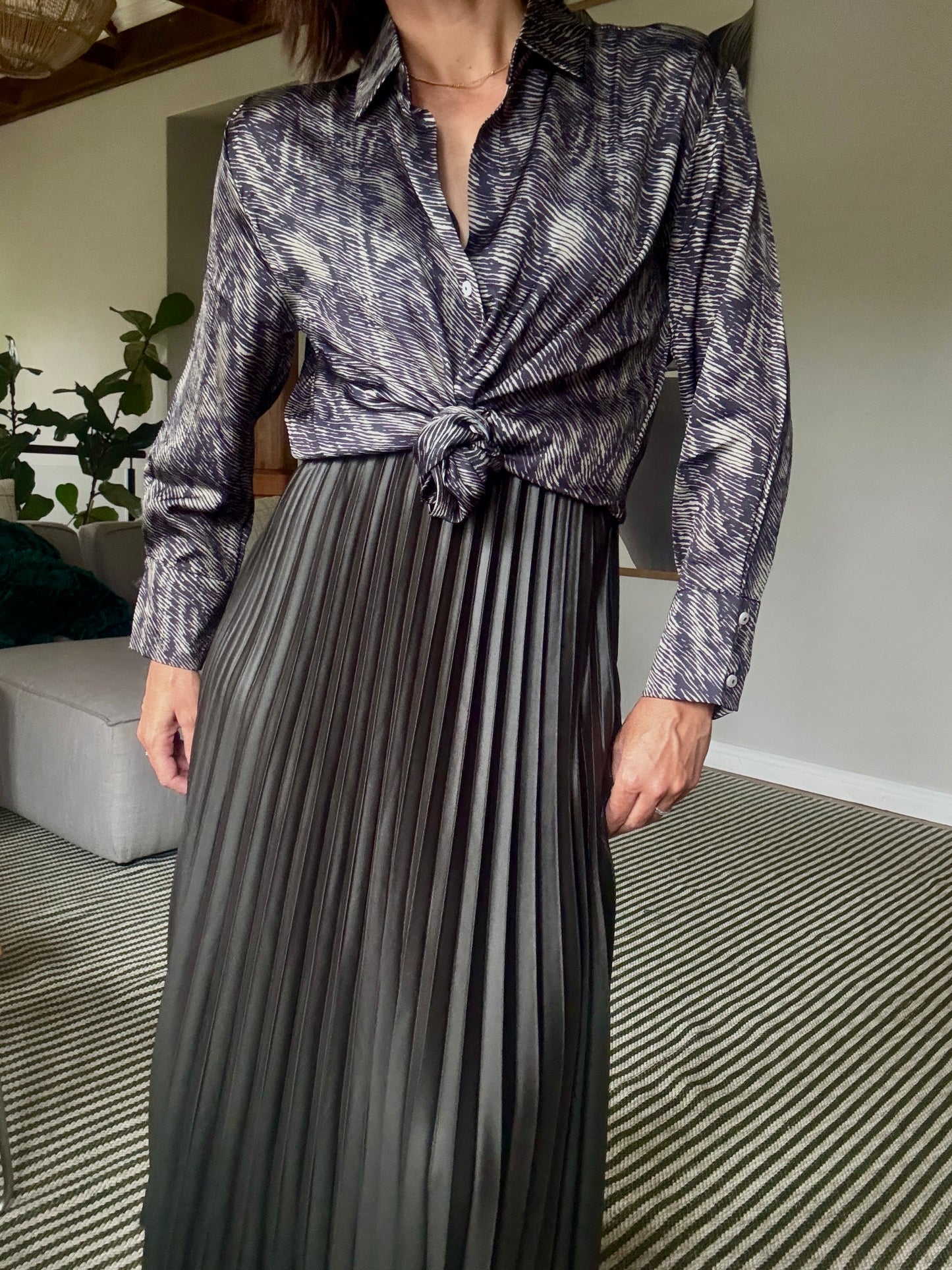 Olive Green Pleated Pleather Skirt