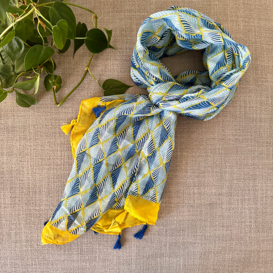 Turquoise Blue and Yellow Leaf Scarf