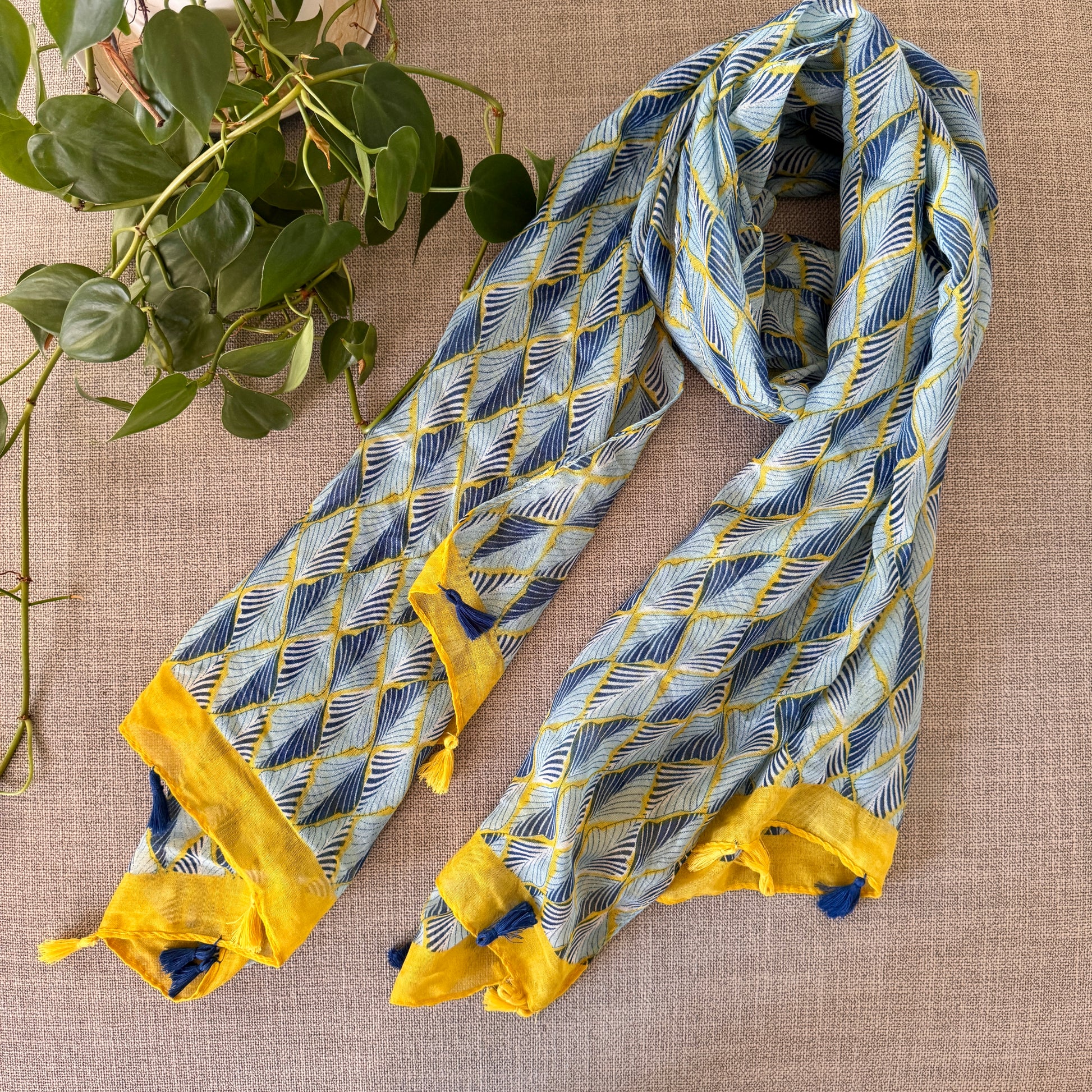 Turquoise Blue and Yellow Leaf Scarf