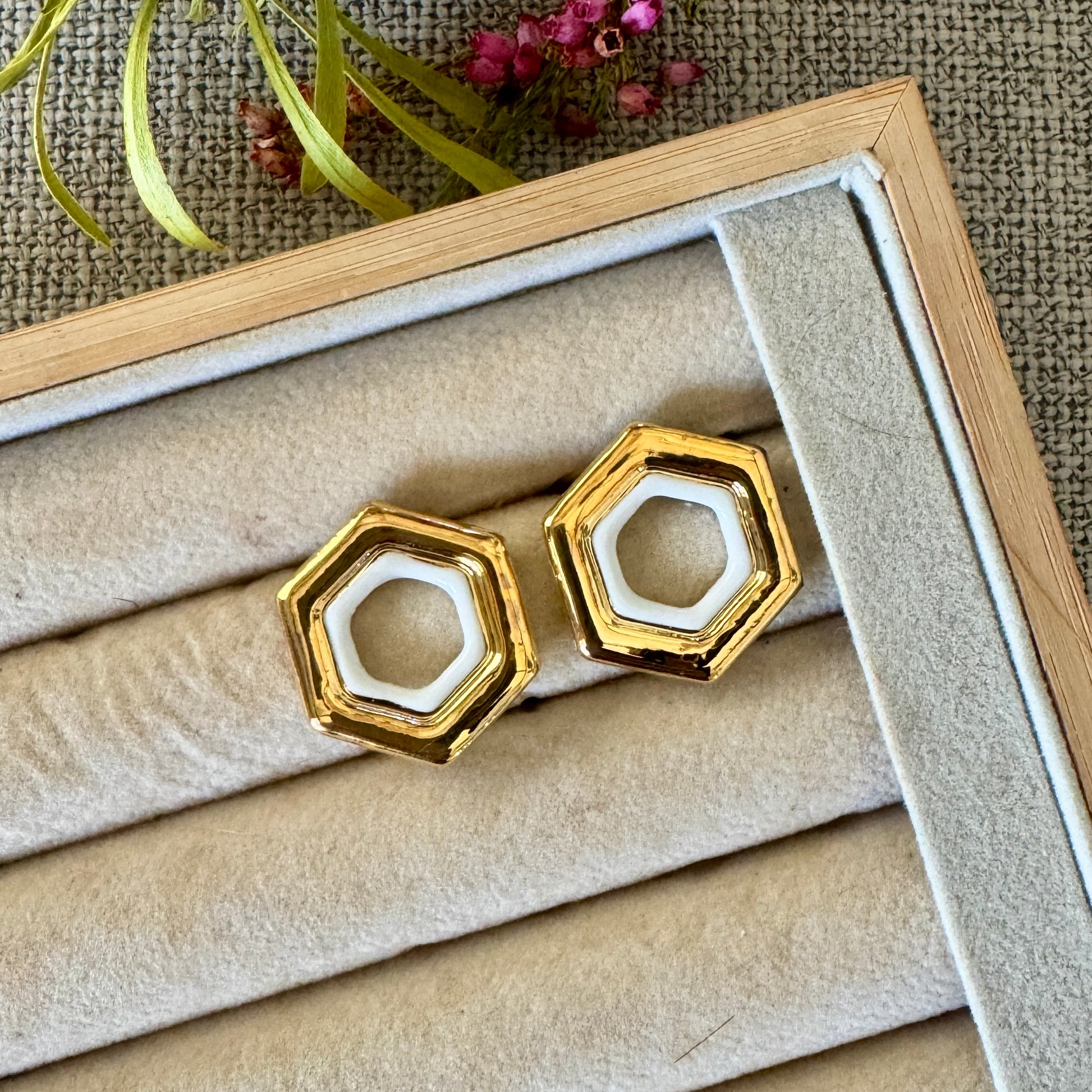 Hexagon Studs - White and Gold