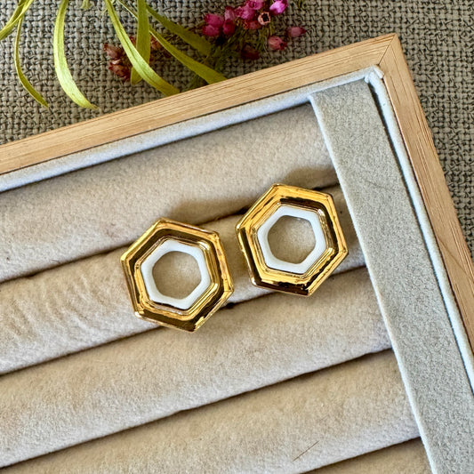 Hexagon Studs - White and Gold