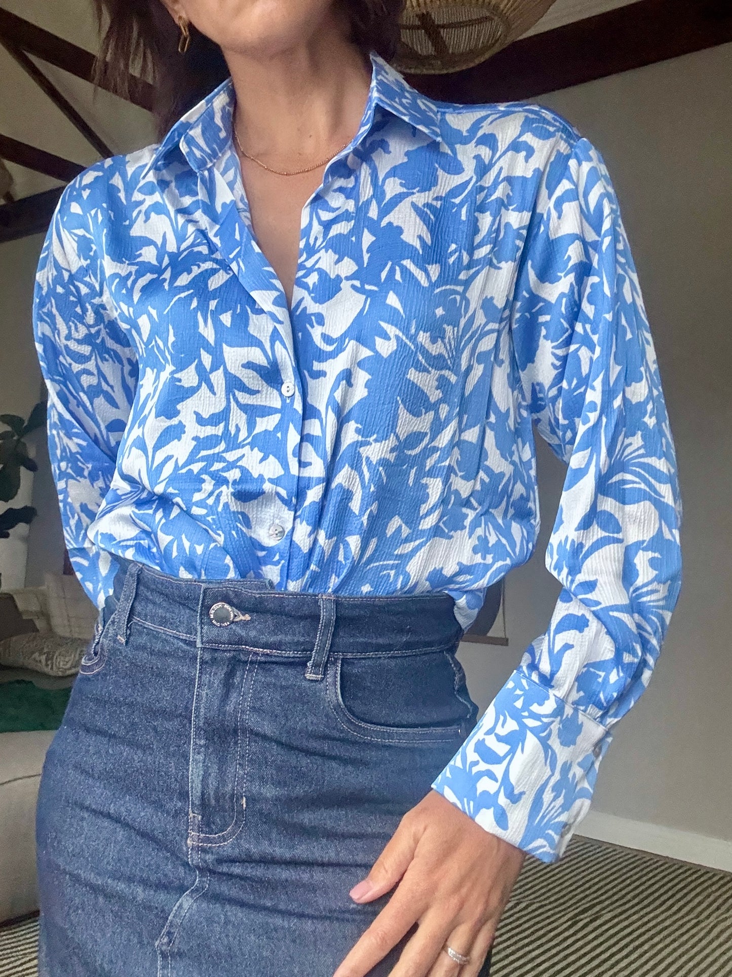 Blue and White Floral Shirt