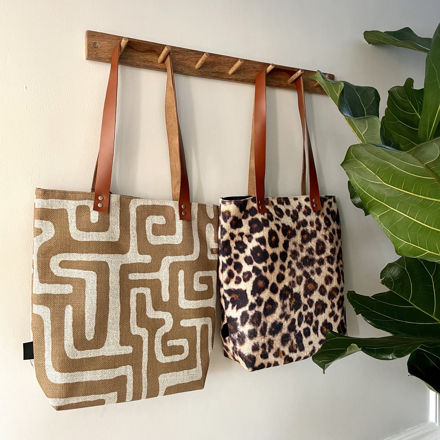 Leather and Fabric Tote Bags in Nola and Cougar Print