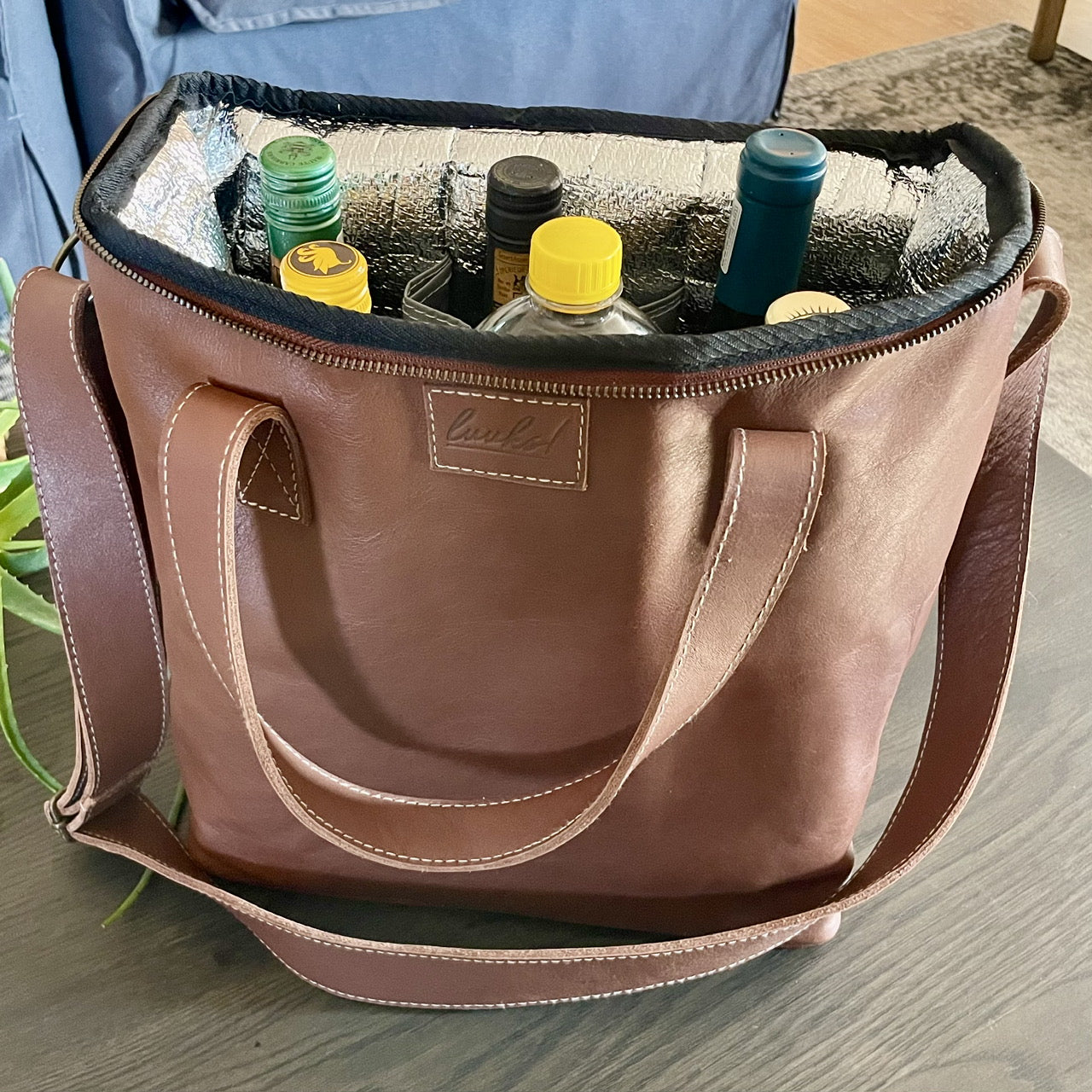 Leather Wine Cooler Bag - 6 Bottles interior