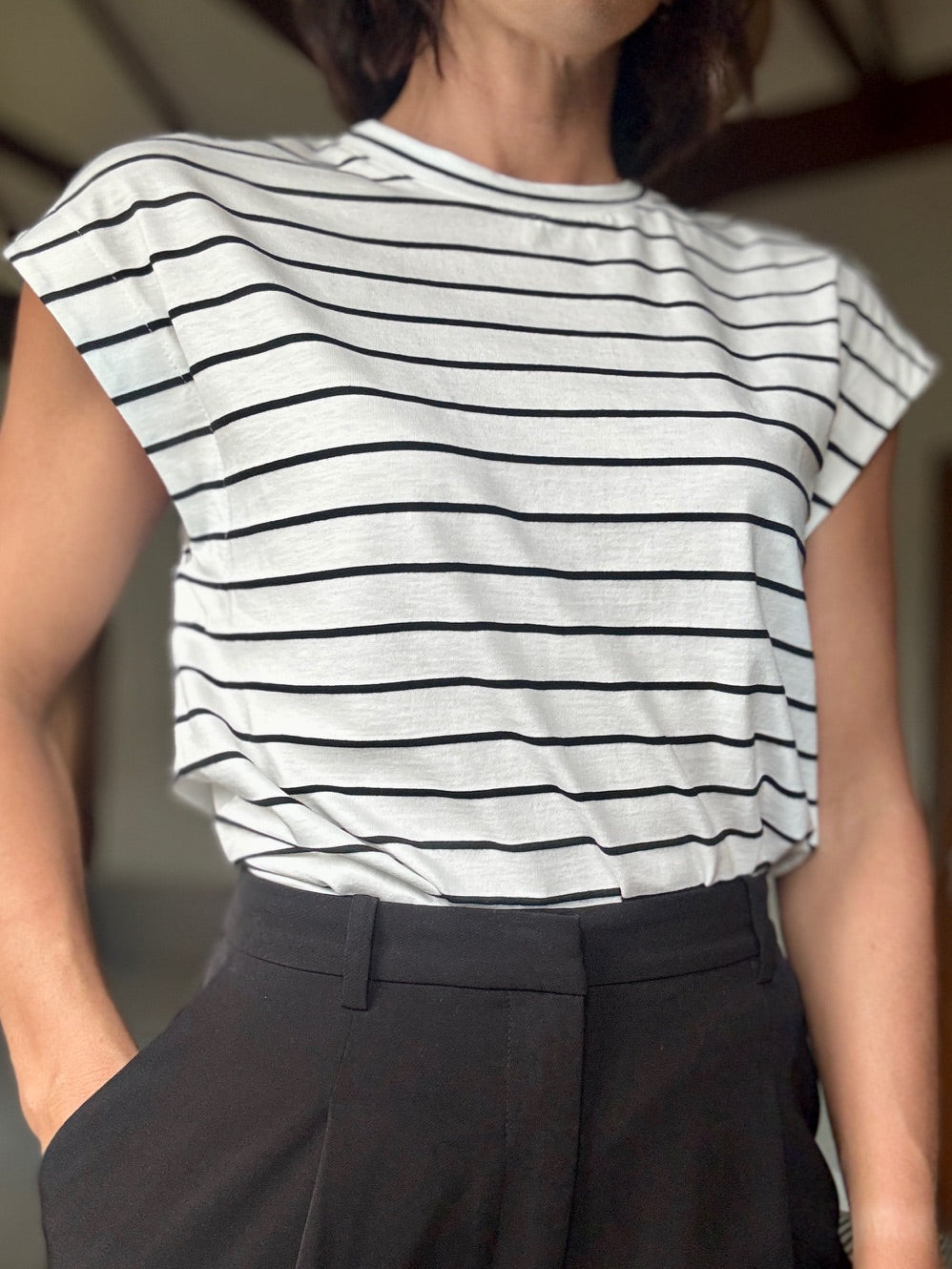 White T-Shirt with black Stripes