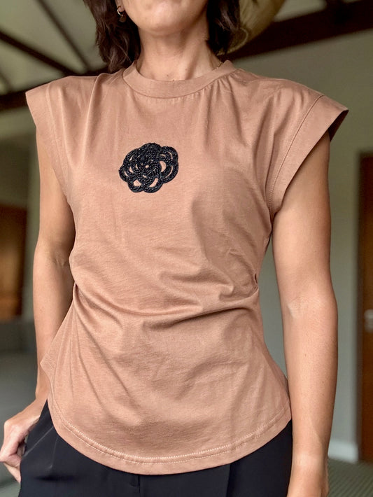 Muscle T-Shirt with Beaded Flower