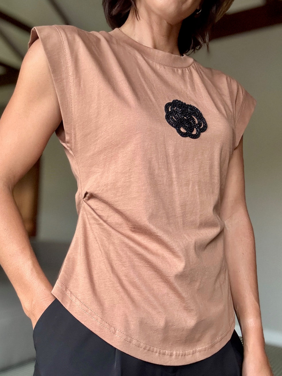Muscle T-Shirt with Beaded Flower