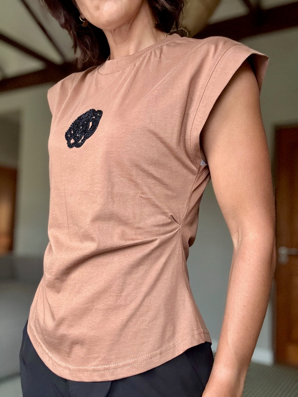 Muscle T-Shirt with Beaded Flower