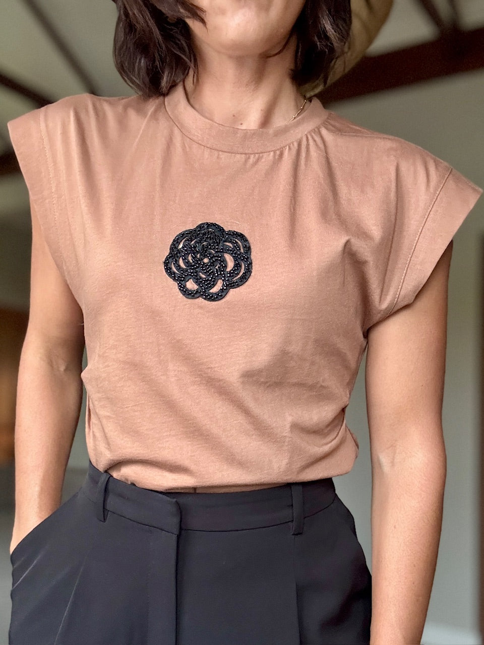 Muscle T-Shirt with Beaded Flower