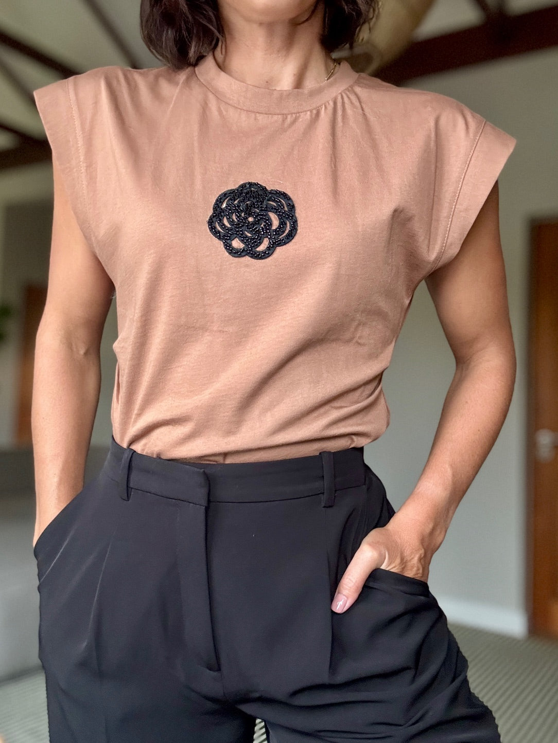 Muscle T-Shirt with Beaded Flower