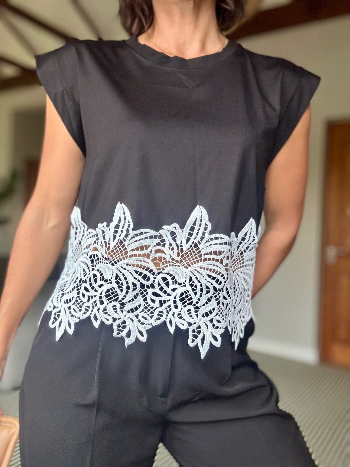 Sleeveless T-Shirt with Lace Bottom