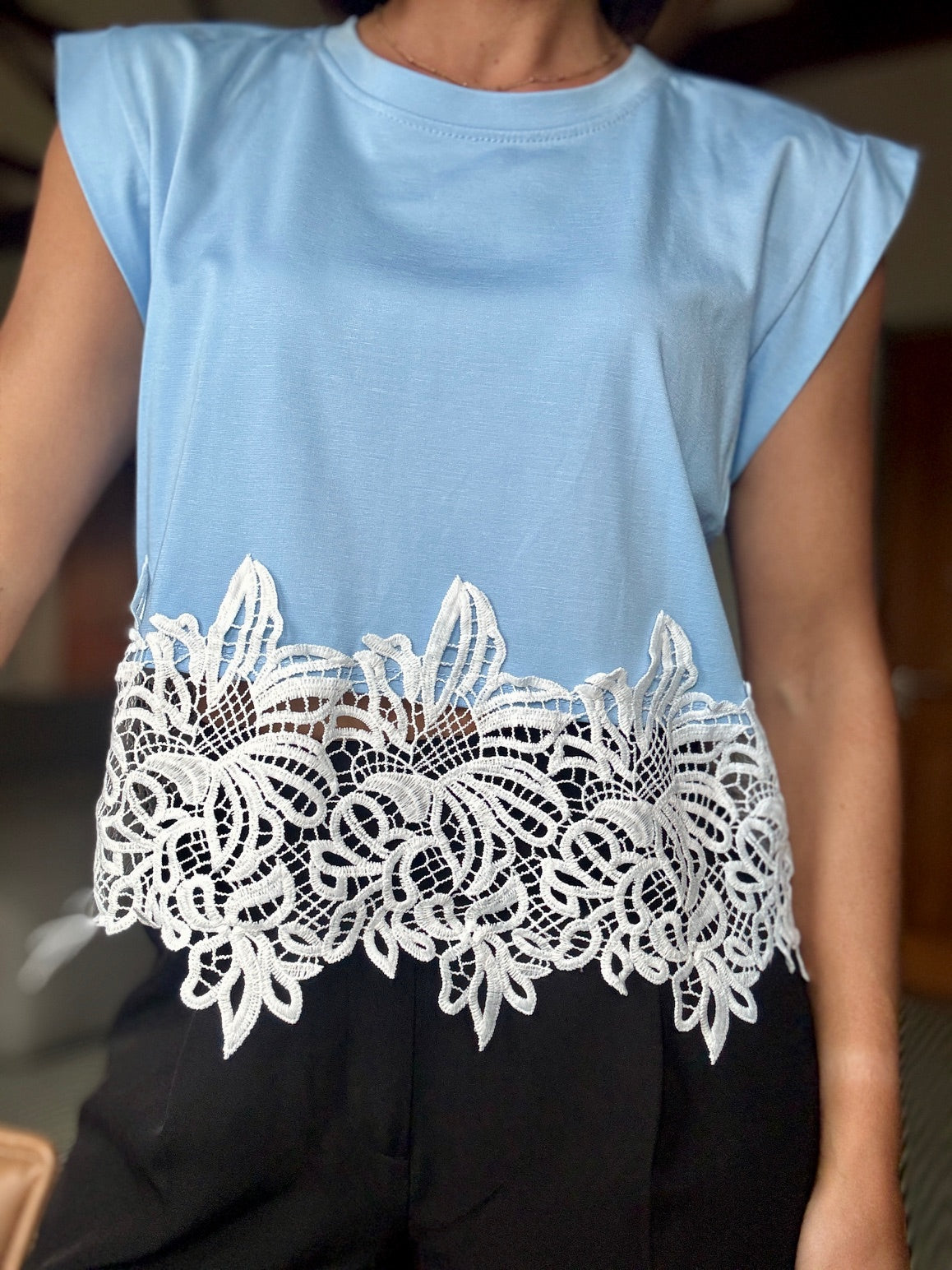 Sleeveless T-Shirt with Lace Bottom