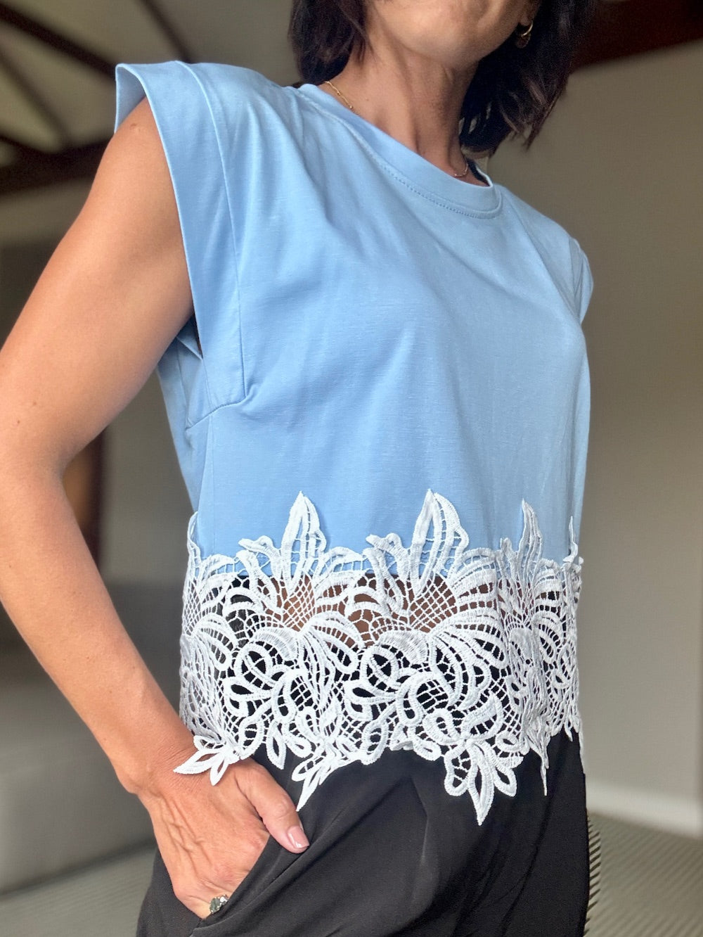 Sleeveless T-Shirt with Lace Bottom
