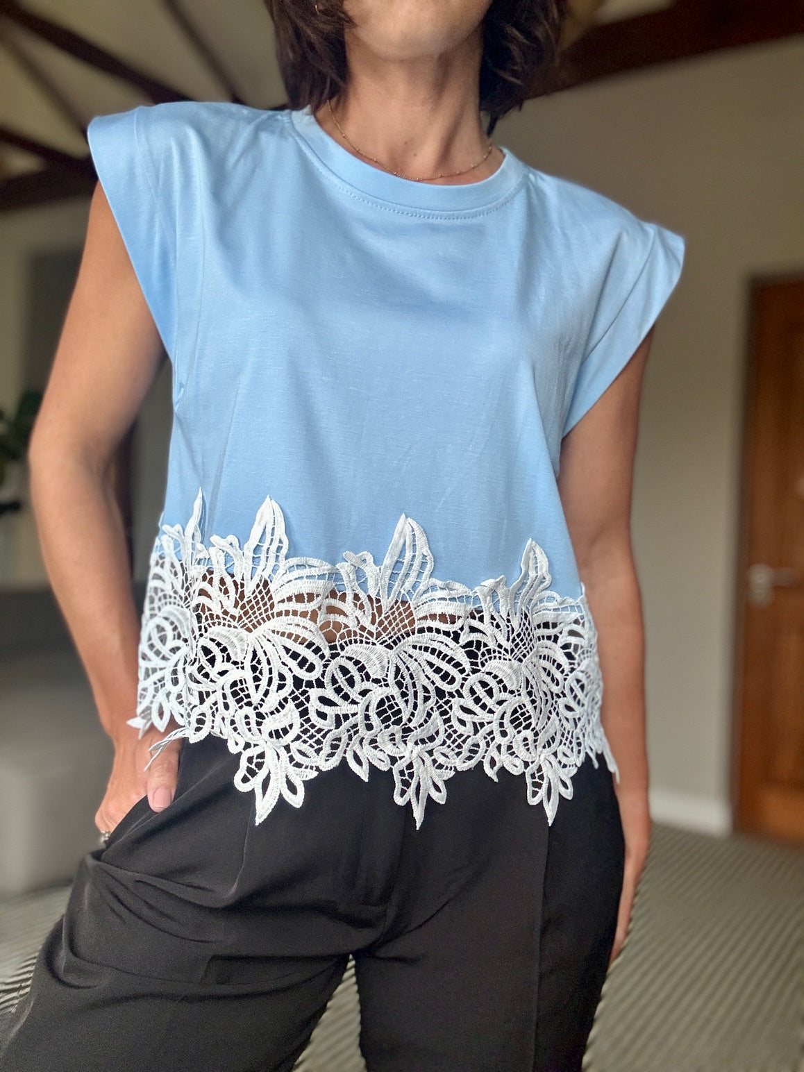 Sleeveless T-Shirt with Lace Bottom