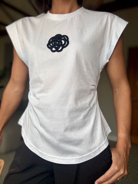 Muscle T-Shirt with Beaded Flower