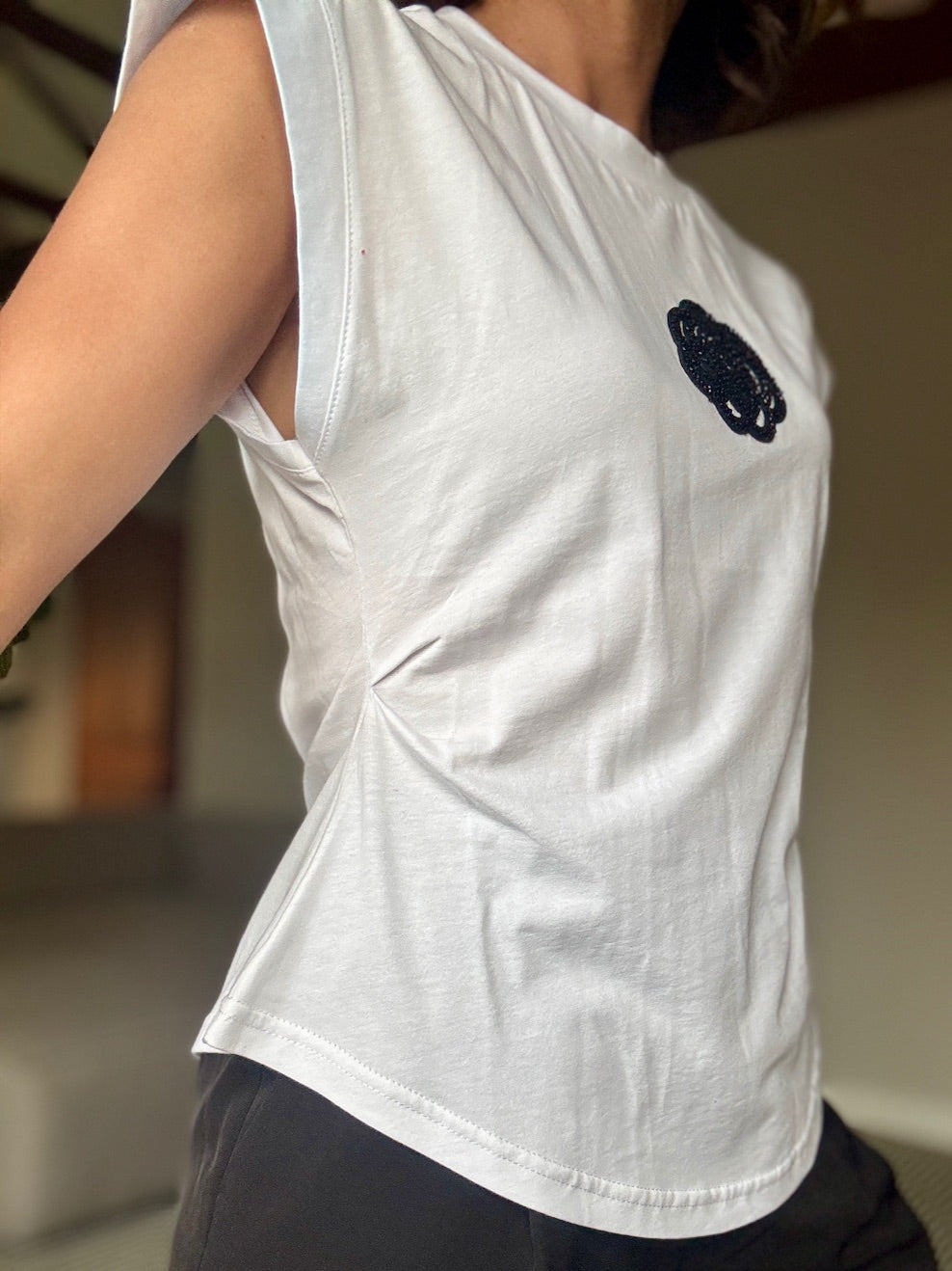 Muscle T-Shirt with Beaded Flower