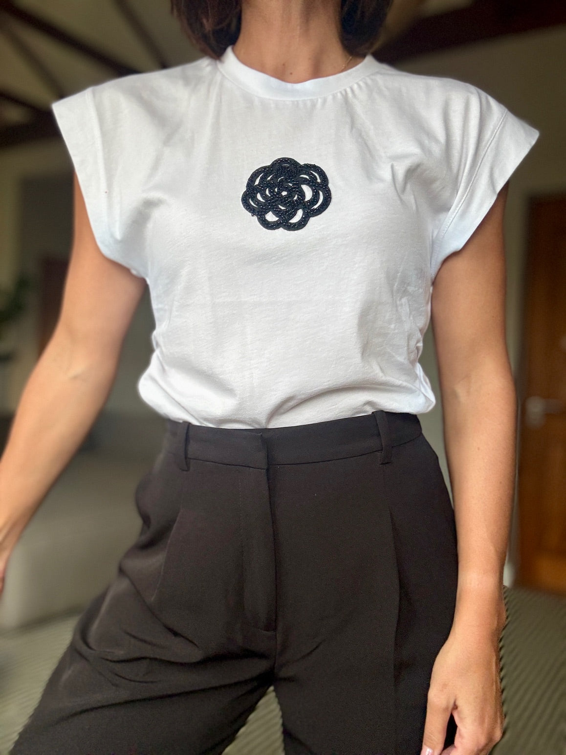 Muscle T-Shirt with Beaded Flower