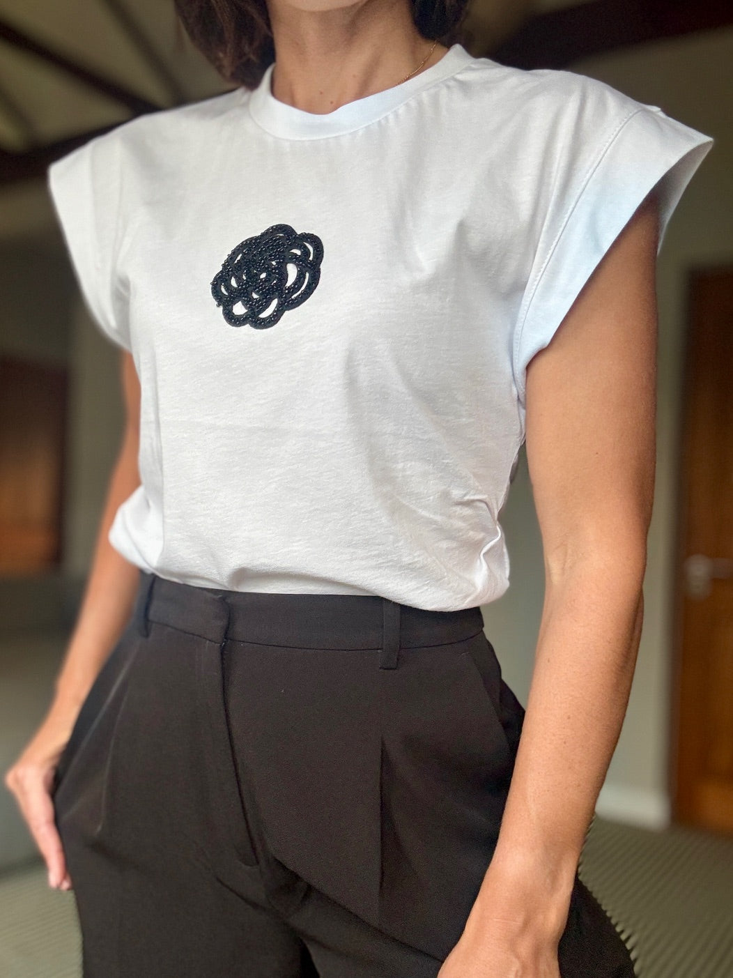 Muscle T-Shirt with Beaded Flower