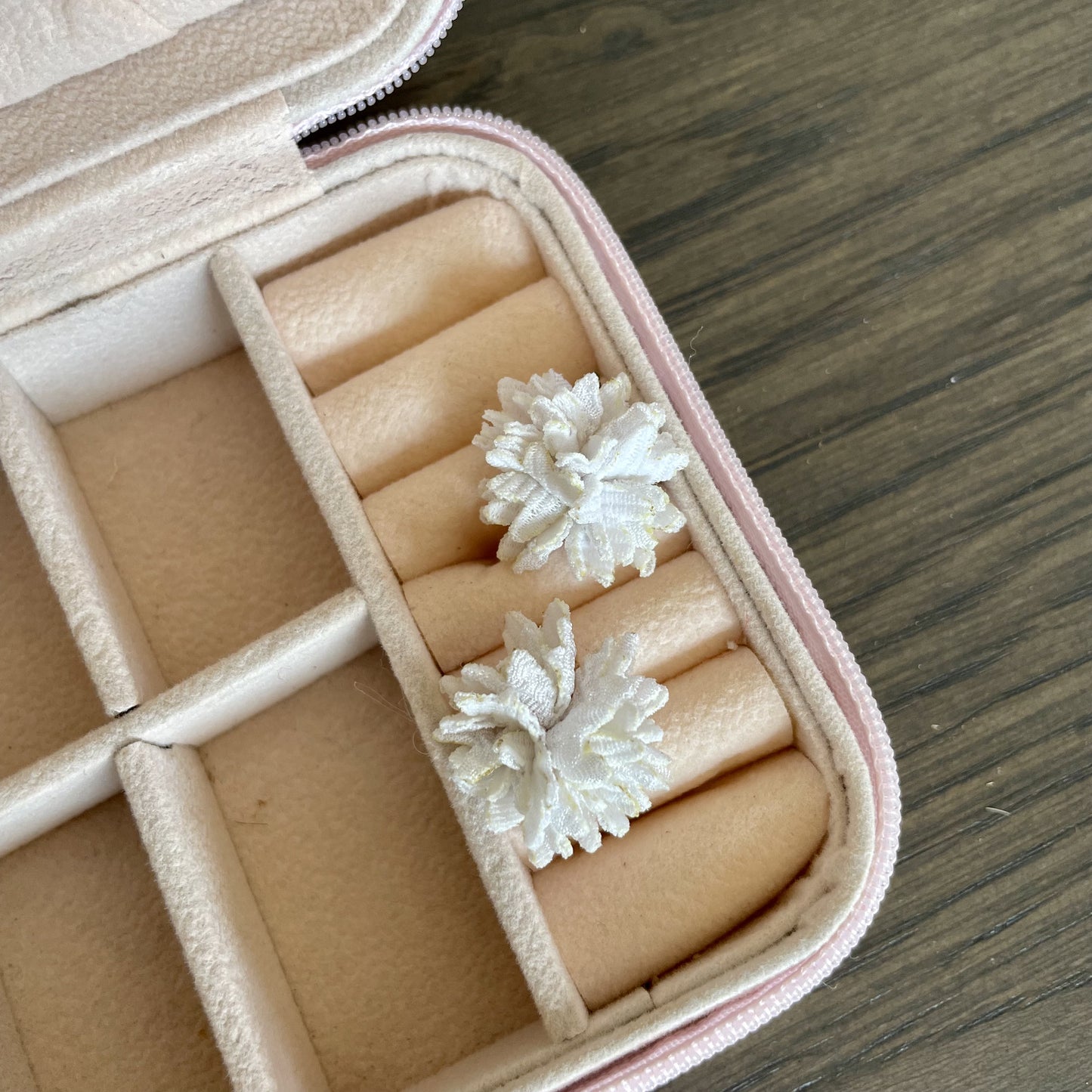 White Fabric Flower Stud Earrings