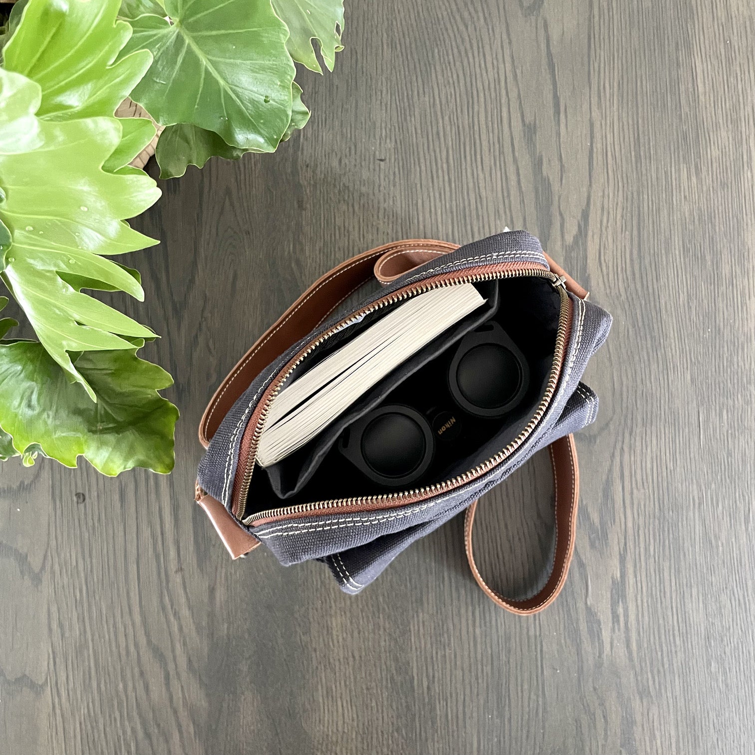 Canvas and Leather Kingfisher Birding Sling Bag view from the top with zip