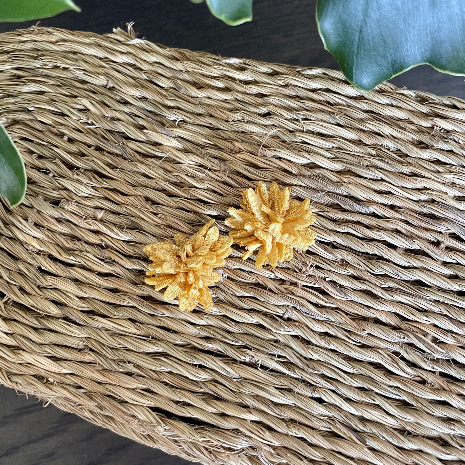 Mustard Fabric Flower Stud Earrings