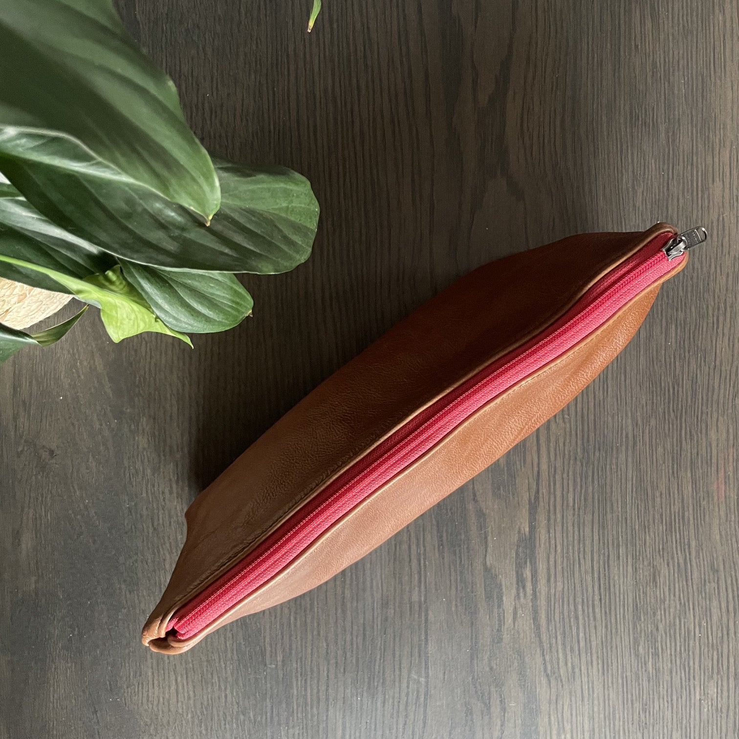 Leather Pencil Bag - Large Toffee with red zip