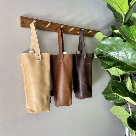 Leather wine bag in light medium and dark brown leather