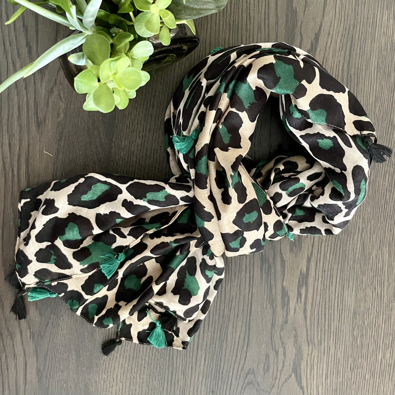 Black and Green Leopard Scarf with Tassels
