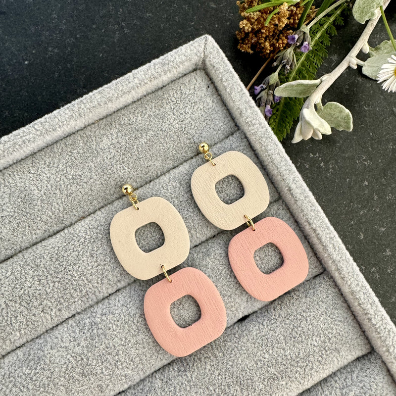 Terracotta and Cream Square Dangling Earrings