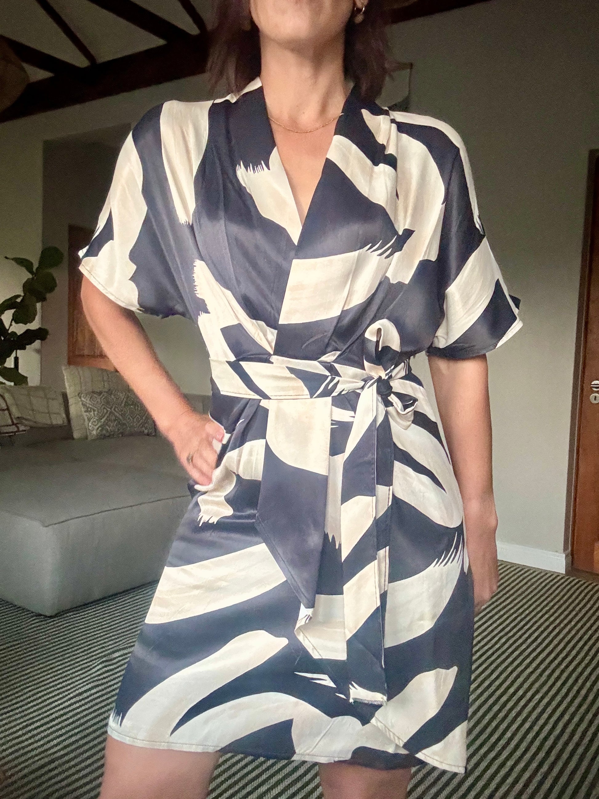Beige and Black Pattern Dress with Belt
