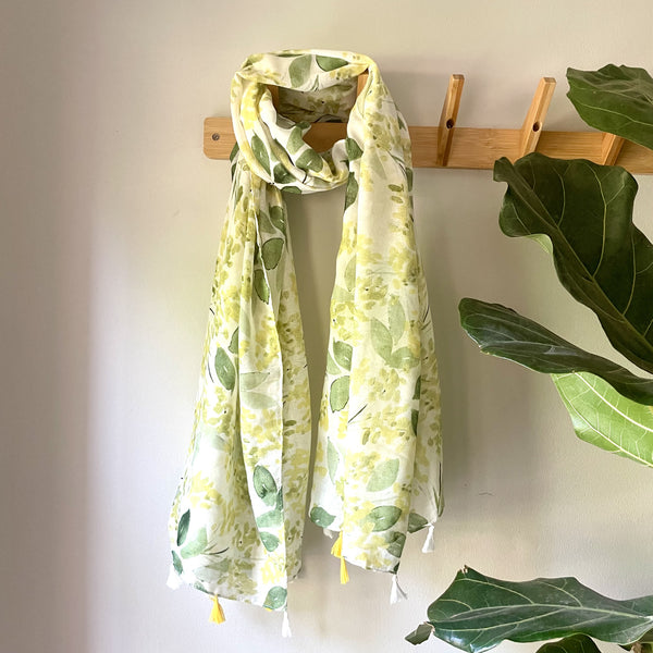 Yellow Floral Scarf with Tassels