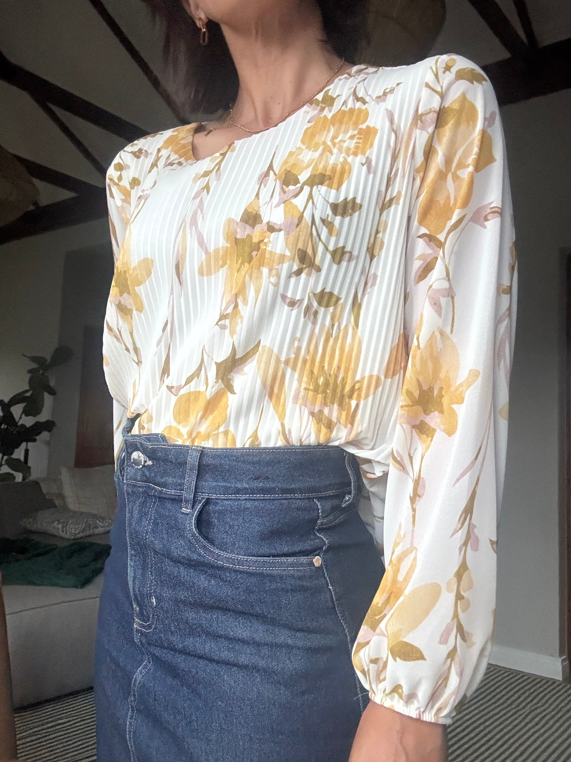 Pleated Leafy Blouse Yellow