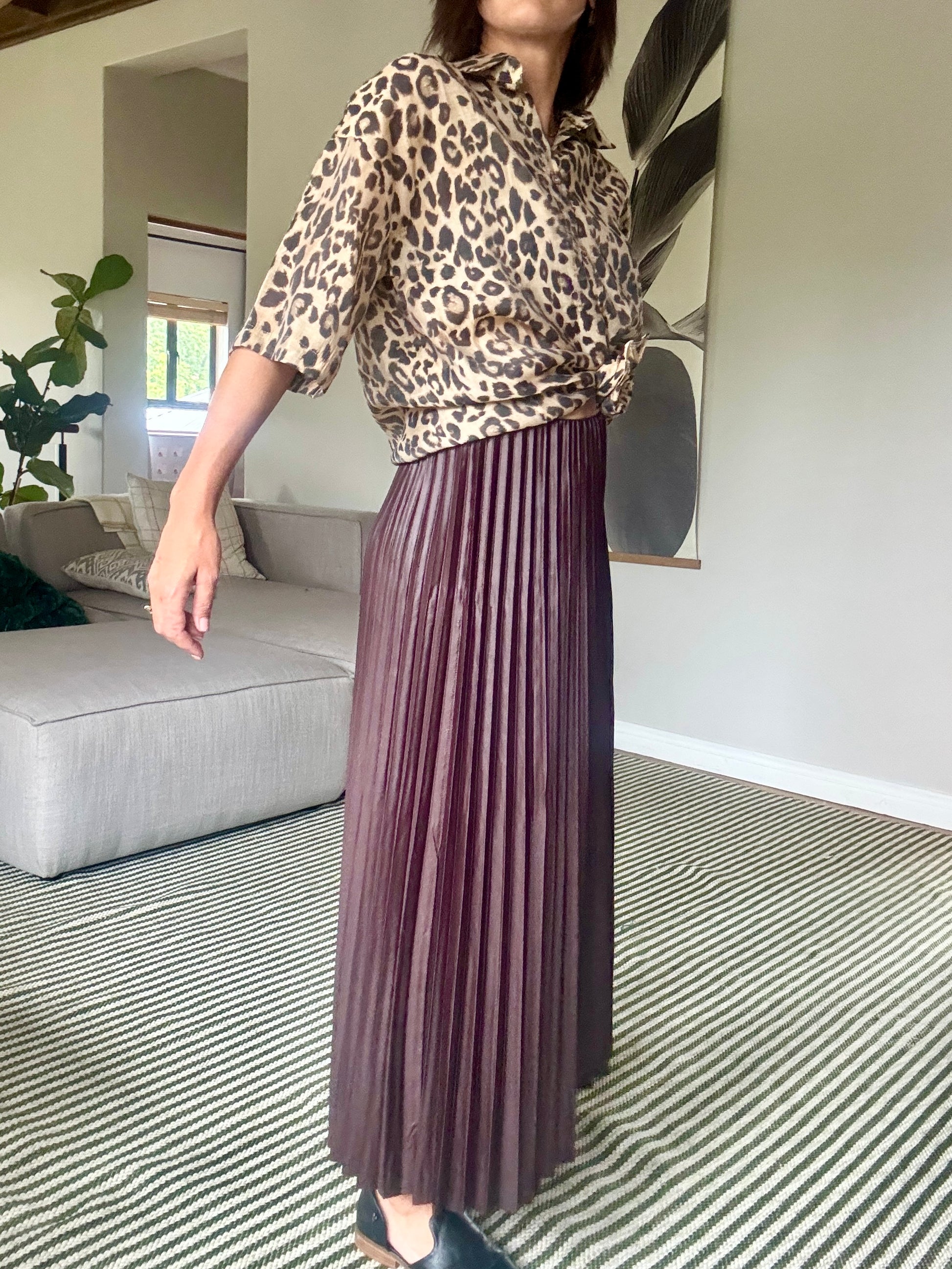 Olive Green Pleated Pleather Skirt