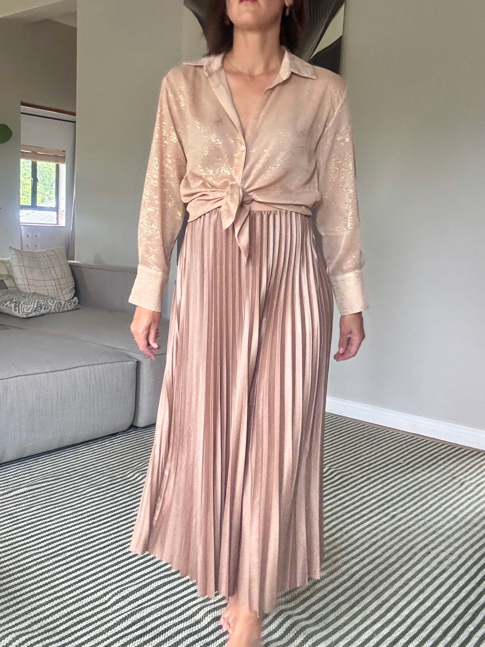 Champagne Pleated Pleather Skirt