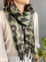 Black and Green Leopard Print Scarf around neck