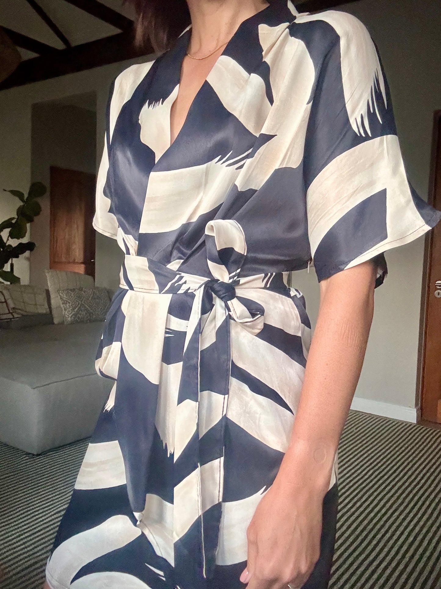Beige and Black Pattern Dress with Belt