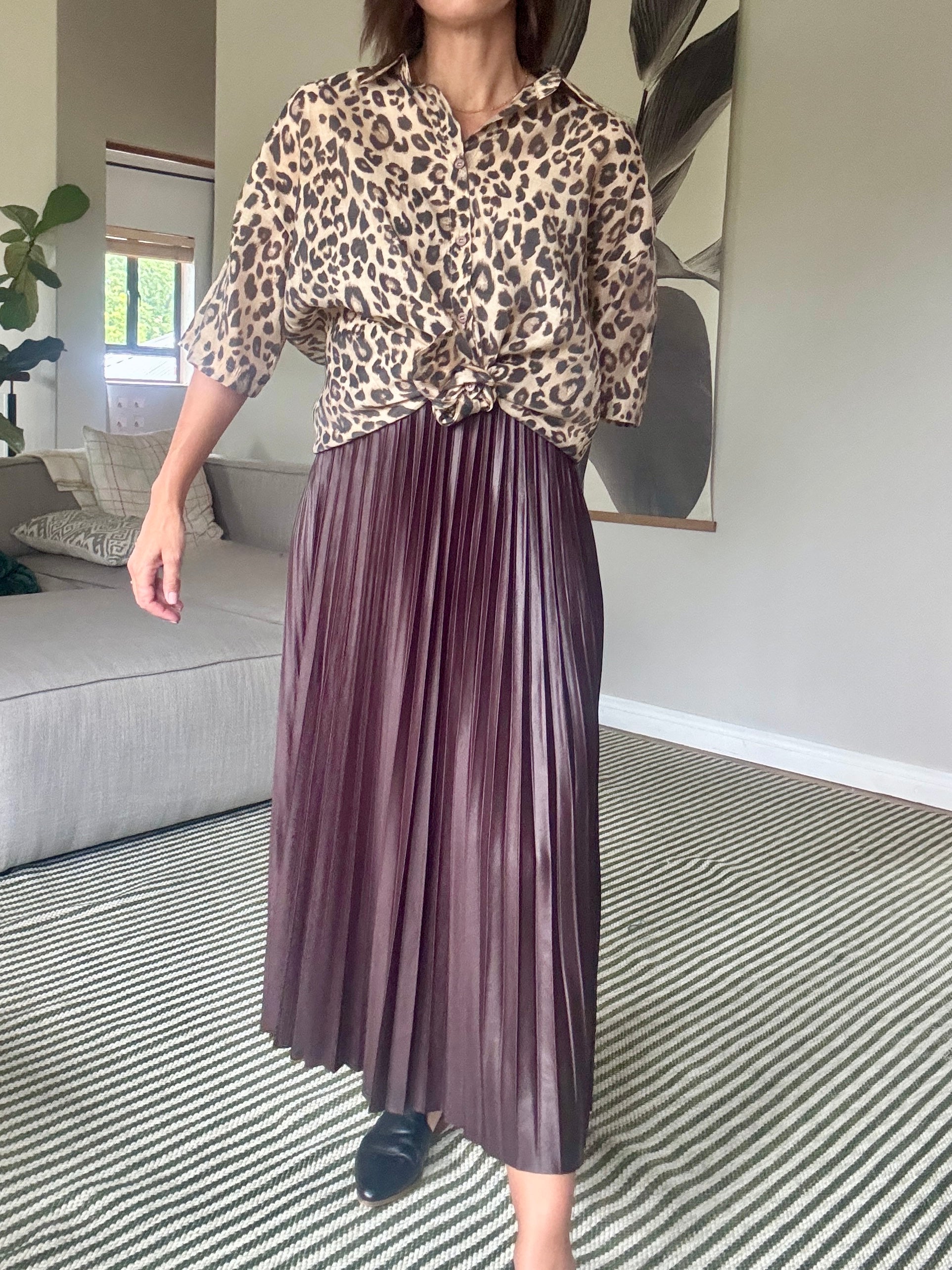 Brown Pleated Pleather Skirt