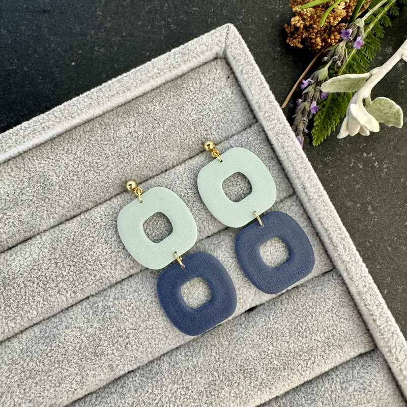 Blue and Green Square Dangling Earrings